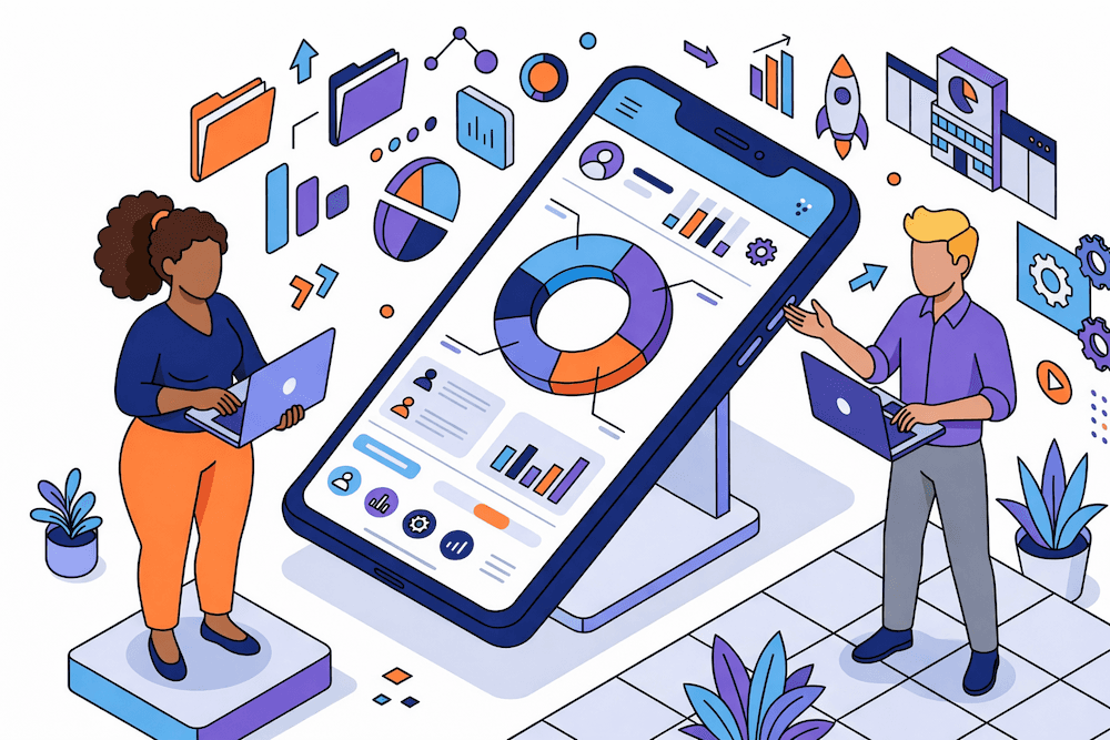 Illustration of product dashboards and collaborative software work