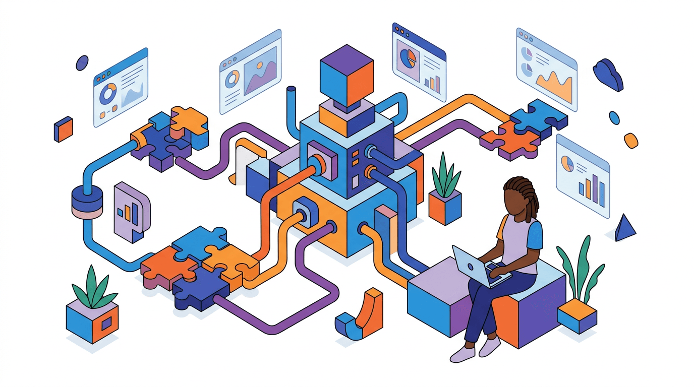 Isometric illustration of integrations, plugins, and connected systems