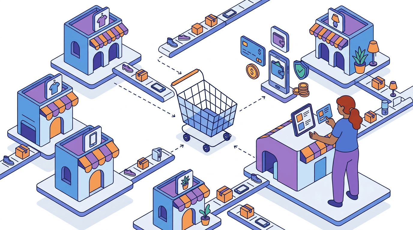 Illustration of multi-merchant commerce and connected retail operations